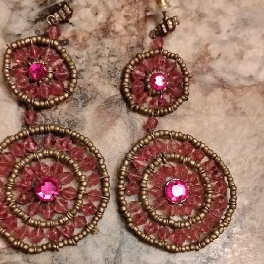 Elegant Pink and Gold Beaded Earrings